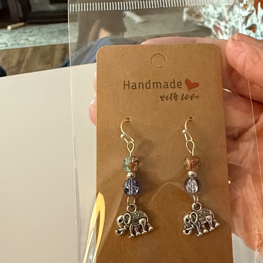 Handmade Elephant Earrings with Multicolor Beads - Picture 3 of 4
